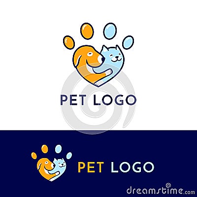 Cute dog and cat pet logo in paw print sign. vector illustration Vector Illustration