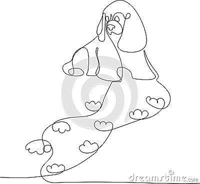 Cute dog with dirty paws sit on floor. Vector Illustration