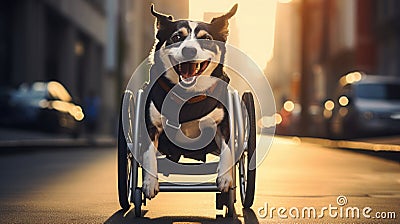 a cute dog with disabilities in a wheelchair walks down the street. Happy dog. Never give up Stock Photo