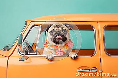 a cute dog driving a car, created with Generative AI technology Stock Photo