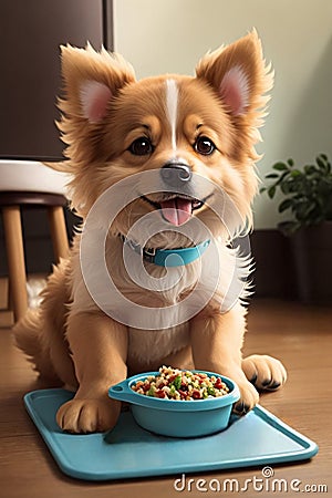 Cute dog eating food at home, sweet puppy looking straight Cartoon Illustration