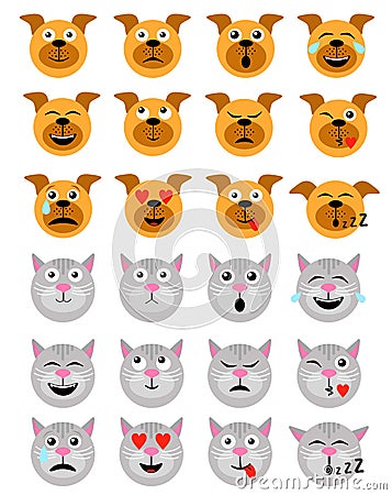 Cute Dog and at Emoticon. Dog and at Emoji Emoticon Expression. Happy, sad, angry, dazed, sleep, shocked, tired, in love Vector Illustration