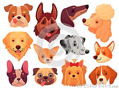 Cute dog face. Puppy pets, dogs animals breed and puppies heads vector illustration set Vector Illustration