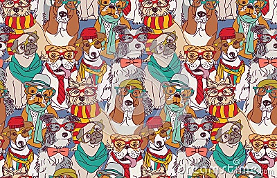 Cute dog fashion hipster seamless pattern. Vector Illustration