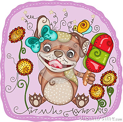 Cute dog female eating a popsicle ice cream spring background Vector Illustration