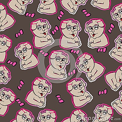 Cute dog flirty wear glasses and ribbons pink flirtatious hand drawn seamless pattern cartoon , can be used for t-shirt print, Vector Illustration