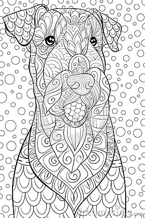 Adult coloring book,page a cute dog on the abstract background for relaxing.Zen art style illustration. Vector Illustration