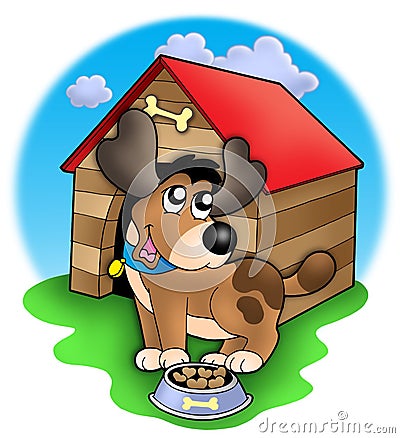 Cute dog in front of kennel Cartoon Illustration