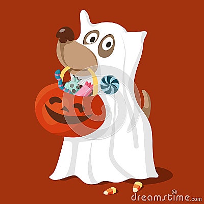 Cute dog in a ghost costume with a pumpkin for Halloween sweets. Vector Illustration