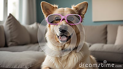 Cute dog with glasses home looking beautiful domestic rest Stock Photo