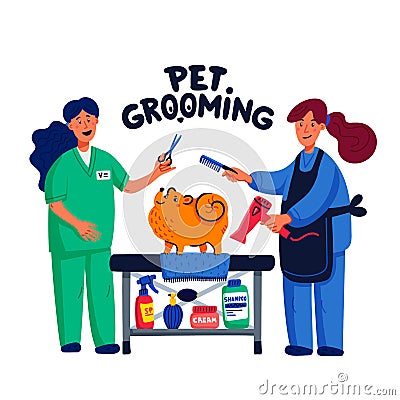 Cute dog at groomer salon. Two young girls shearing and combing spitz. Dog care, grooming, hygiene, health. Pet shop Vector Illustration