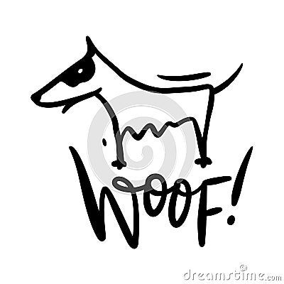 Cute dog hand drawn vector illustration and Woof phrase lettering. Isolated on white background. Vector Illustration