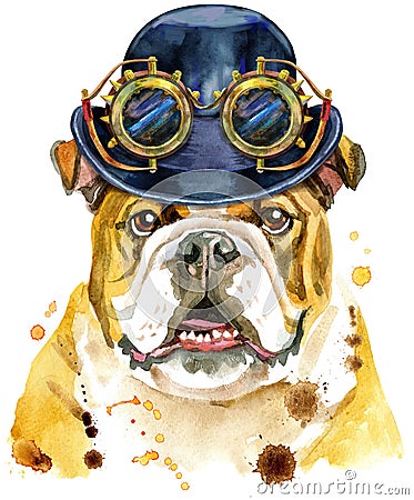 Watercolor portrait of bulldog with hat bowler and steampunk glasses Cartoon Illustration