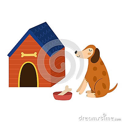 Cute dog and a kennel in cartoon style. Funny pet sitting near a doghouse Vector Illustration