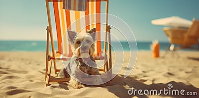 dog beach chair lazy pet relax vacation summer funny sunglasses. Generative AI. Stock Photo