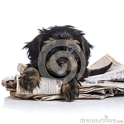 A cute dog lounging on a newspaper Stock Photo