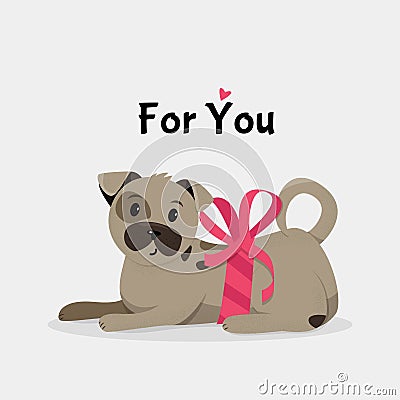 Cute dog with pink ribbon. Vector illustration. Vector Illustration