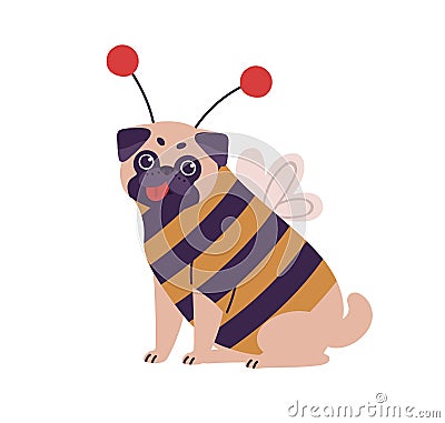 Cute dog pug breed in bee costume vector flat illustration. Funny domestic animal character wearing apparel sitting Vector Illustration