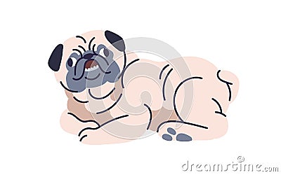 Cute dog, pug breed. Funny puppy, small canine animal lying. Little purebred doggy, pup. Adorable lovely amusing Vector Illustration