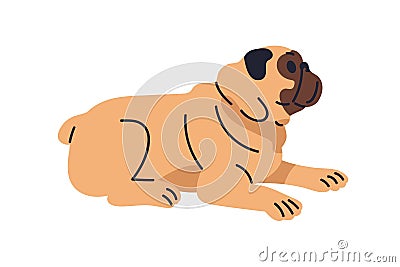 Cute dog of pug breed. Obedient puppy, canine animal. Adorable pup, companion doggy. Lovely sweet faithful pet lying Vector Illustration
