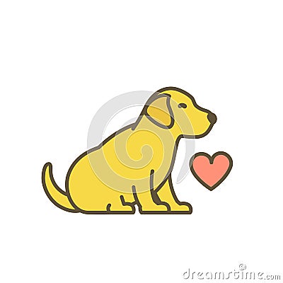 Cute dog puppy with red heart. Loved animal pets. Young Labrador retriever. I love dogs. Yellow pup with contour line Vector Illustration