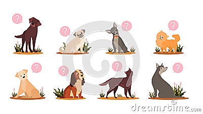 Cute dog with question mark set. Collection of purebread dog Vector Illustration
