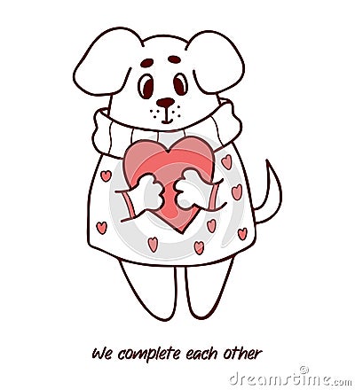 Cute dog in romantic sweater with big heart. Cool valentine card with inscription We complete each other. Vector Vector Illustration