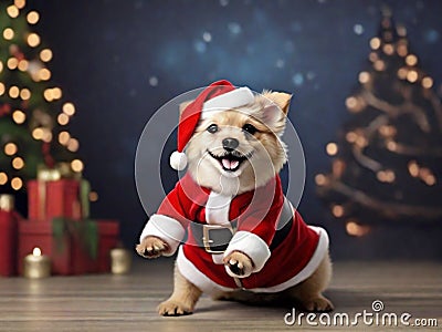 Cute dog with Santa Claus dressing is dancing and smiling Stock Photo