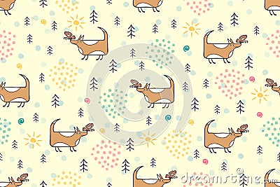 Cute dog seamless pattern. Hand drawn dog cartoon character childrens illustration. Cute brown animals dog, pets in Vector Illustration