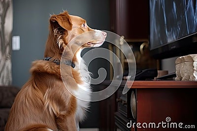 cute dog sitting in front of television, waiting for his favorite show to start Stock Photo