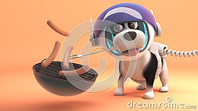 Cute dog in spacesuit on Mars cooks sausages on barbecue bbq, 3d illustration Cartoon Illustration