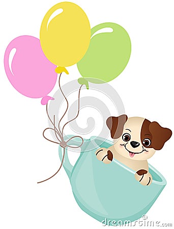 Cute dog in teacup with balloons Vector Illustration