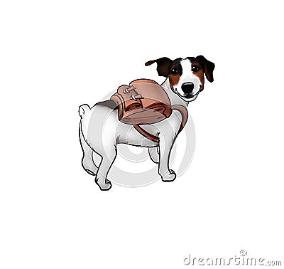 A cute dog travels with a backpack. Black and white puppy with a bag on his shoulders. Illustration isolated on white Cartoon Illustration