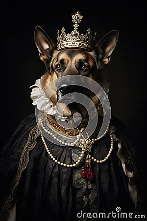 A cute dog wearing a regal dress. German Shepherd portrait in clothing. AI generated Stock Photo