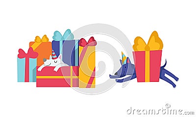 Cute Doggy Character in Birthday Hat Celebrating Holiday Vector Set Vector Illustration