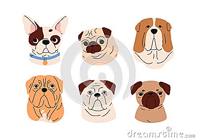 Cute dogs avatars set. Funny puppies, doggies faces, heads portraits. Adorable muzzles, snouts of different canine Vector Illustration