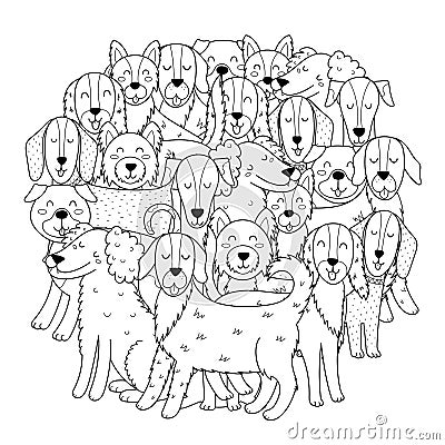 Cute dogs circle shape coloring page. Funny puppy characters mandala for coloring book Vector Illustration