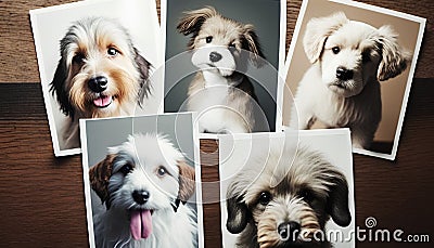 Cute dogs collage on wooden background. Collage of cute dogs. Stock Photo