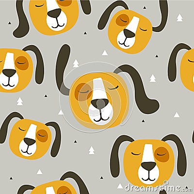 Cute dogs, colorful seamless pattern. Decorative background with muzzles of animals Vector Illustration