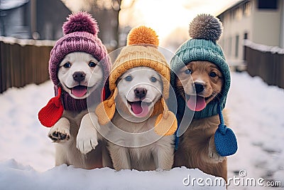 cute dogs decked out in stylish clothes playfully explore a snowy landscape. Stock Photo