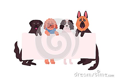 Cute dogs of different breeds standing hold empty banner with place for text vector flat illustration. Group of funny Vector Illustration