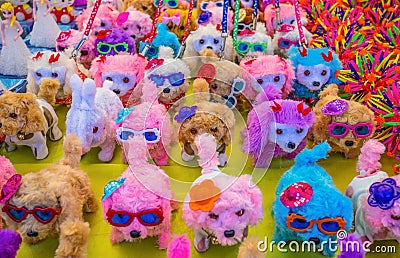 Cute dogs dolls on sale at the market Stock Photo