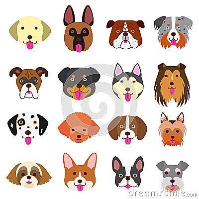 Cute dogs faces art set Vector Illustration