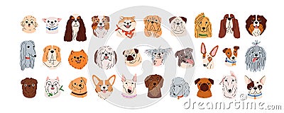 Cute dogs faces set. Canine head portraits of different doggy breeds. Funny puppies muzzles. Happy pups avatars of Vector Illustration