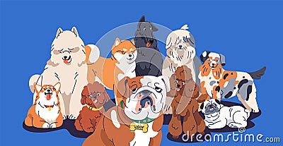 Cute dogs group portrait. Happy doggies, puppies of different breeds posing together. Funny canine animals gang with Vector Illustration