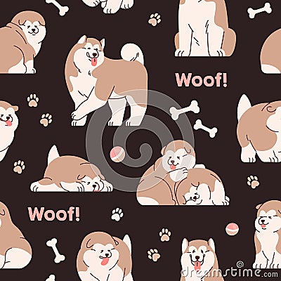 Cute dogs pattern. Seamless canine background with funny Alaskan malamutes print. Endless repeating woof texture with Vector Illustration