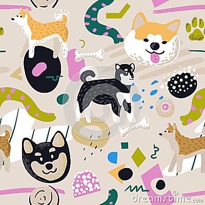 Cute Dogs Seamless Pattern. Childish Background with Akita Inu and Abstract Elements. Baby Freehand Doodle for Fabric Vector Illustration