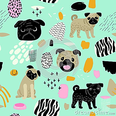 Cute Dogs Seamless Pattern. Childish Background with Pug Puppies and Abstract Elements. Baby Freehand Doodle for Fabric Vector Illustration