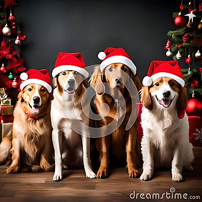Cute dogs wearing Santa hats - ai generated image Stock Photo