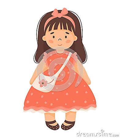 Cute doll. Children toy girl with long hair in red dress with handbag. Vector illustration in cartoon style. kids Vector Illustration